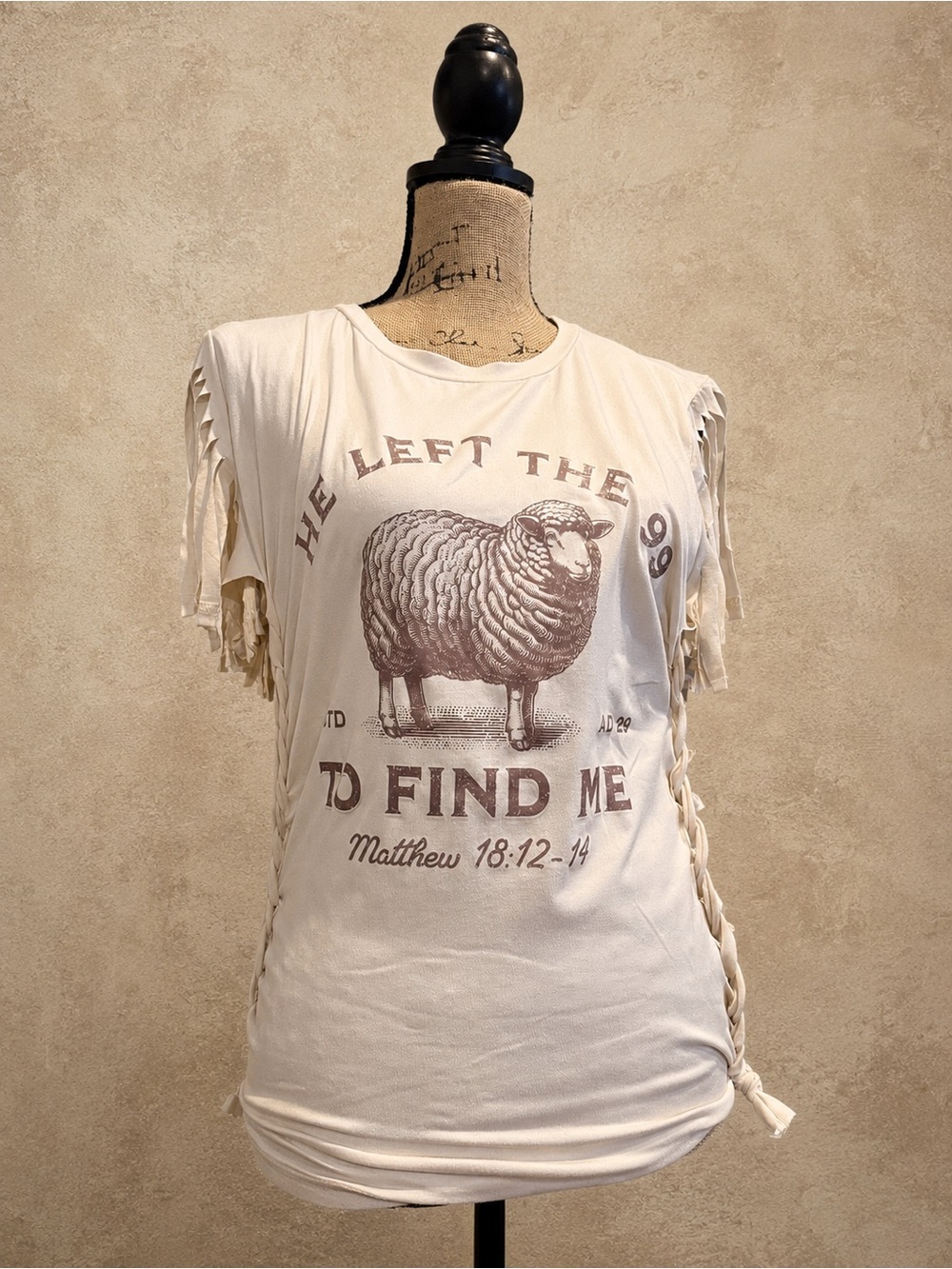 Title: ✝️ “He Left the 99 to Find Me” Christian Boho Fringe Shirt – Handmade